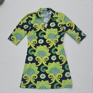 J. McLaughlin Navy & Lime Green Medallion Print Shift Dress - Size 0